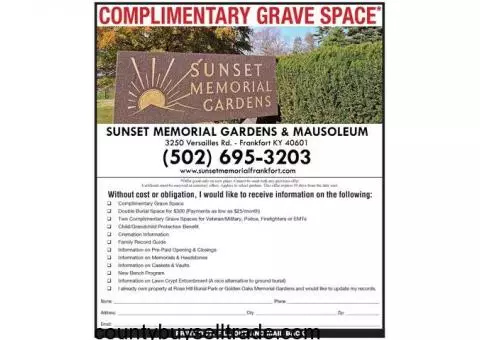 Sunset Memorial Gardens & Mausoleum Complimentary Grave Space
